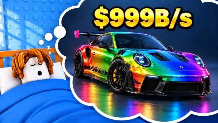 Official promo art of a sleeping Roblox avatar dreaming of a rainbow sports car, used here as the offline-earnings image.